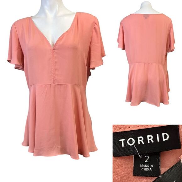Torrid tunic top plus size 2x peach‎ flutter sleeve lightweight office casual - Picture 1 of 5